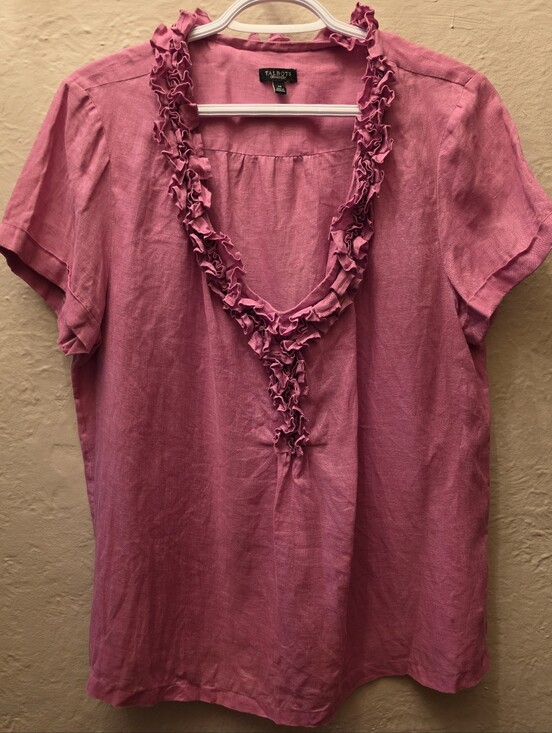 Talbots Tops - Talbots Pure Linen Pink Ruffle Neck Blouse Size 14
